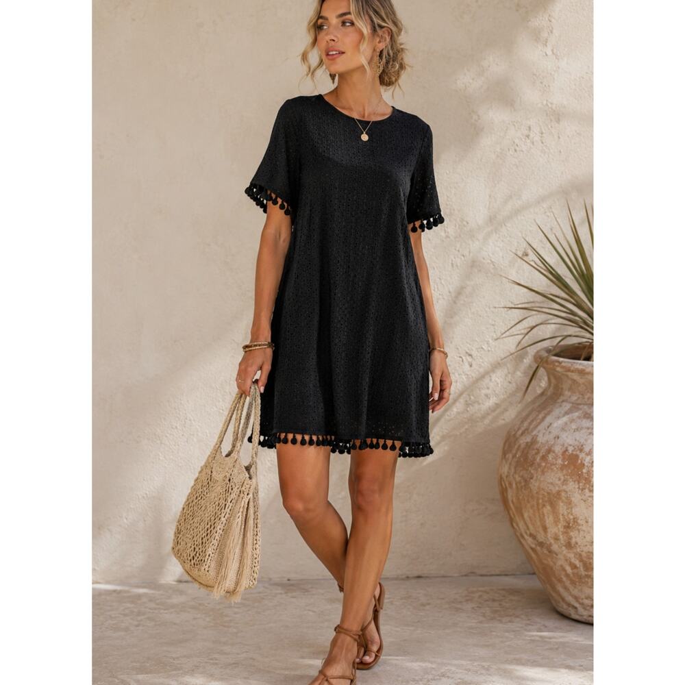 Lark & Ro Black Eyelet Fringe Trim Shift Dress Womens XS Pom Pom Whimsigoth